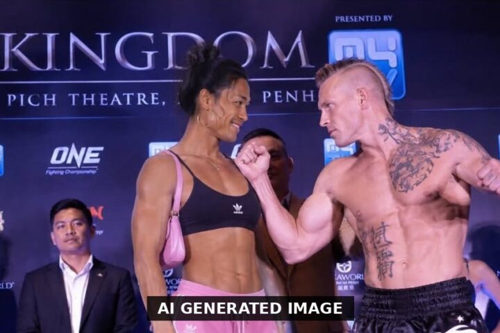 AI generated image of two fighters facing off at a weigh-in