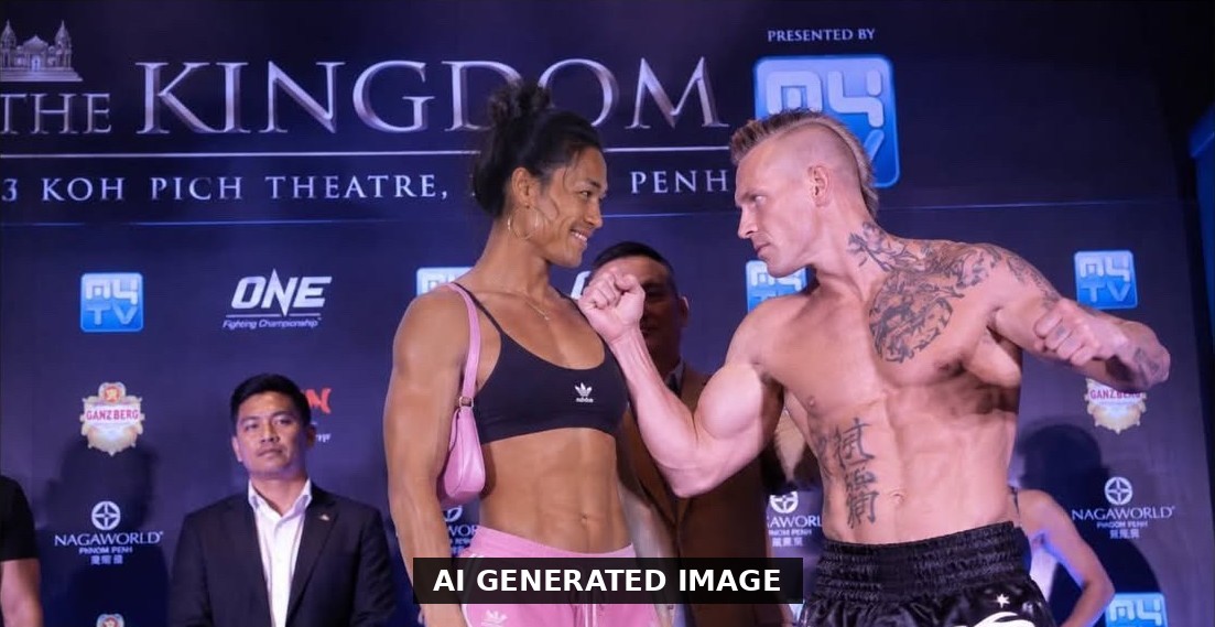 AI generated image of two fighters facing off at a weigh-in