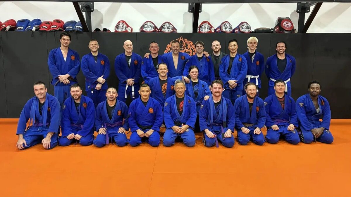 Brazilian Jiu Jitsu class group photo in blue gis at Chau Kaizen in Prospect, Adelaide