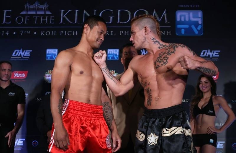 Suasday Chau facing off with Arnaud Lepont at the ONE Championship Rise of the Kingdom weigh-in in Phnom Penh